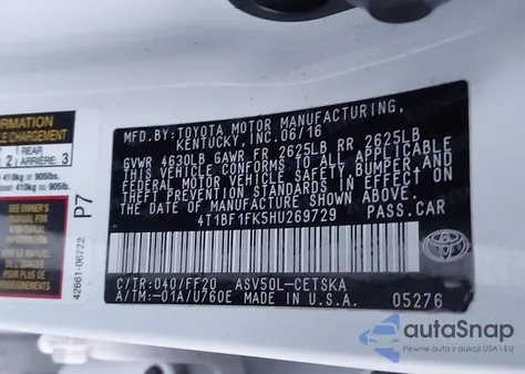 2017 Toyota Camry Se from USA, damaged, VIN 4T1BF1FK5HU269729